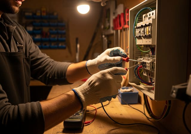 Elettricista al lavoro su un quadro